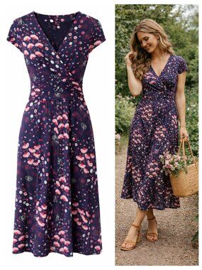 Boden Lily Floral Jersey Midi Dress 8 Petite Faux Wrap Stretch EUC